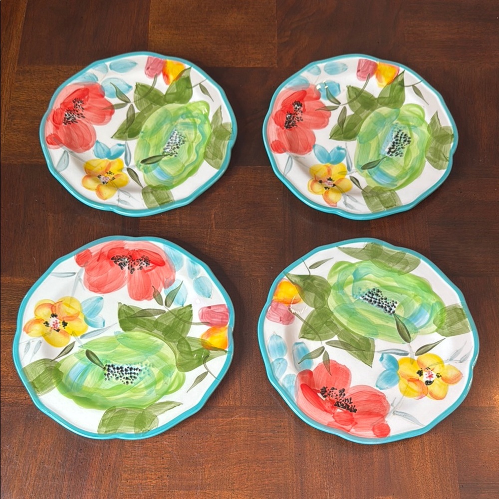 Pioneer Woman Vintage Bloom Scallop Shape Salad  Plate Teal Polka Dots & Trim